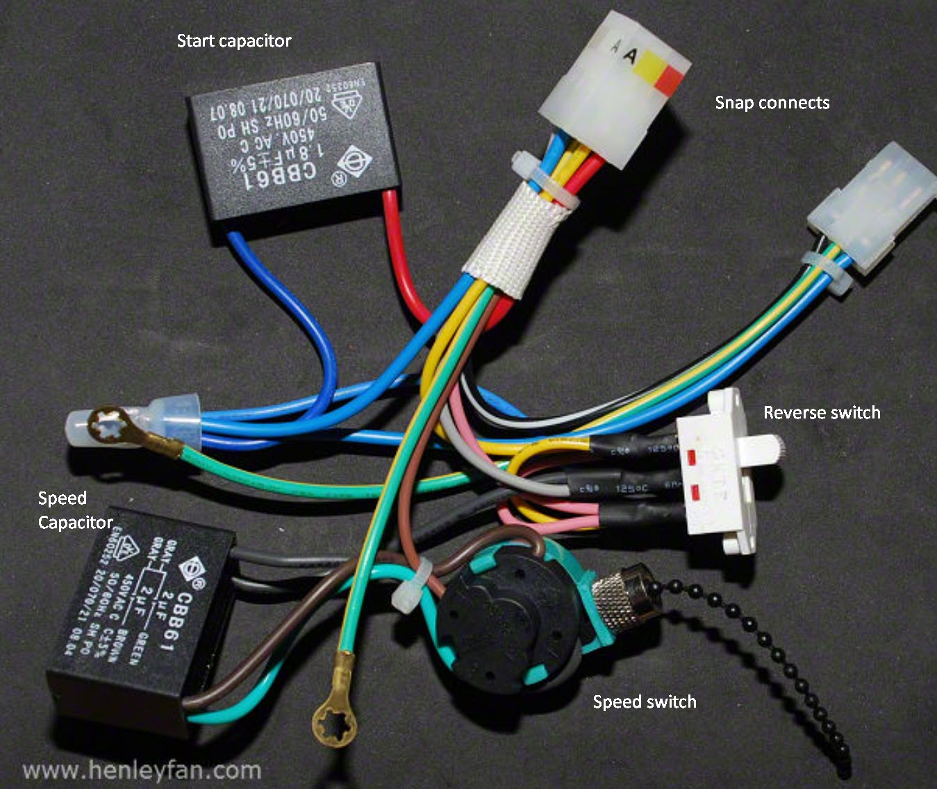 Hunter Ceiling Fan Control Wire Harness Repairs - Start & Speed Capacitors, Reverse & Speed Switches - 240 v Genuine Parts