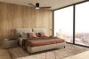 Modern scandinavian and Japandi style bedroom interior design with bed terracotta color, wood panels on wall and floor. 3d render illustration.