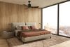 Modern scandinavian and Japandi style bedroom interior design with bed terracotta color, wood panels on wall and floor. 3d render illustration.